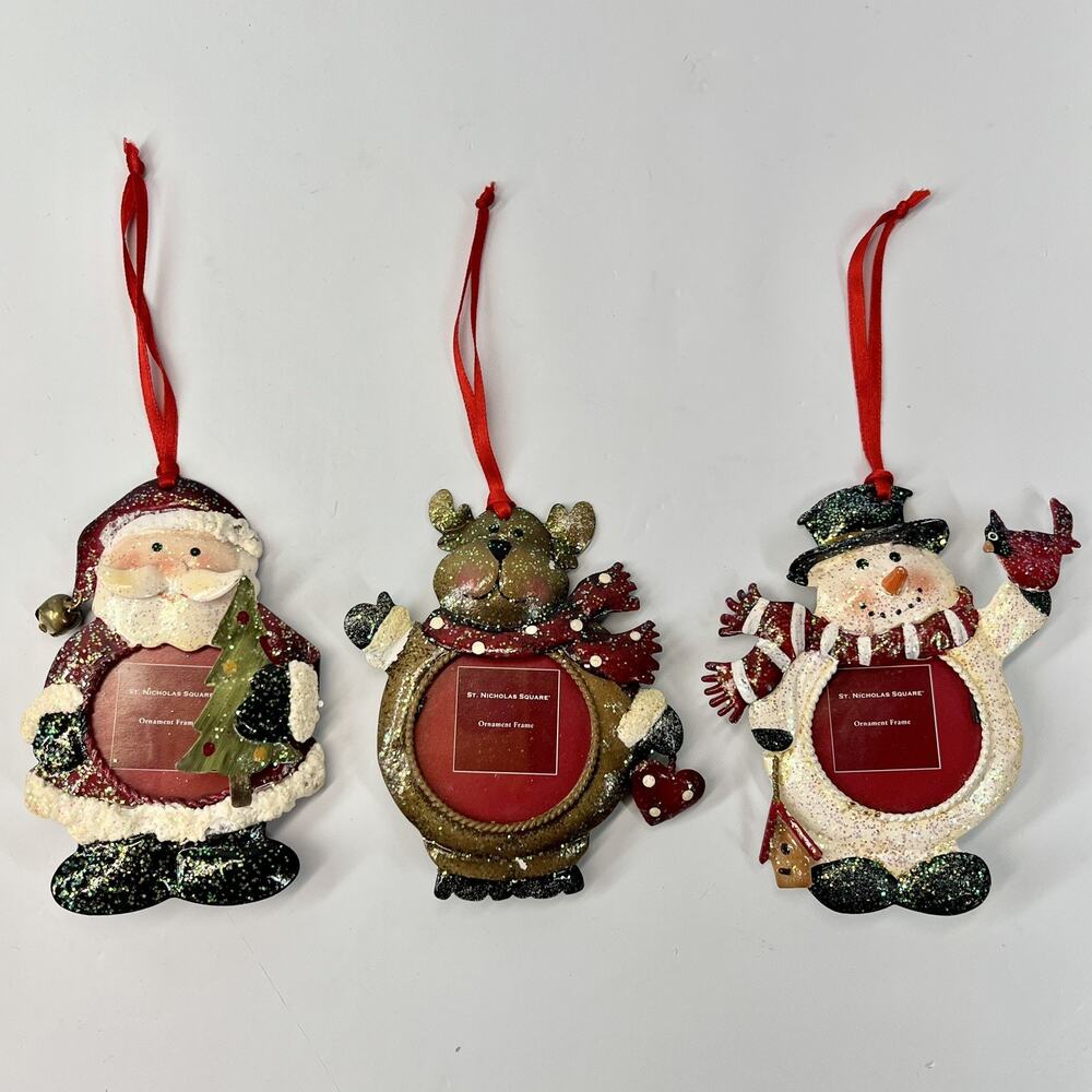 Christmas Ornaments Picture Frames Set of 3 Santa Snowman Reindeer Metal Glitter